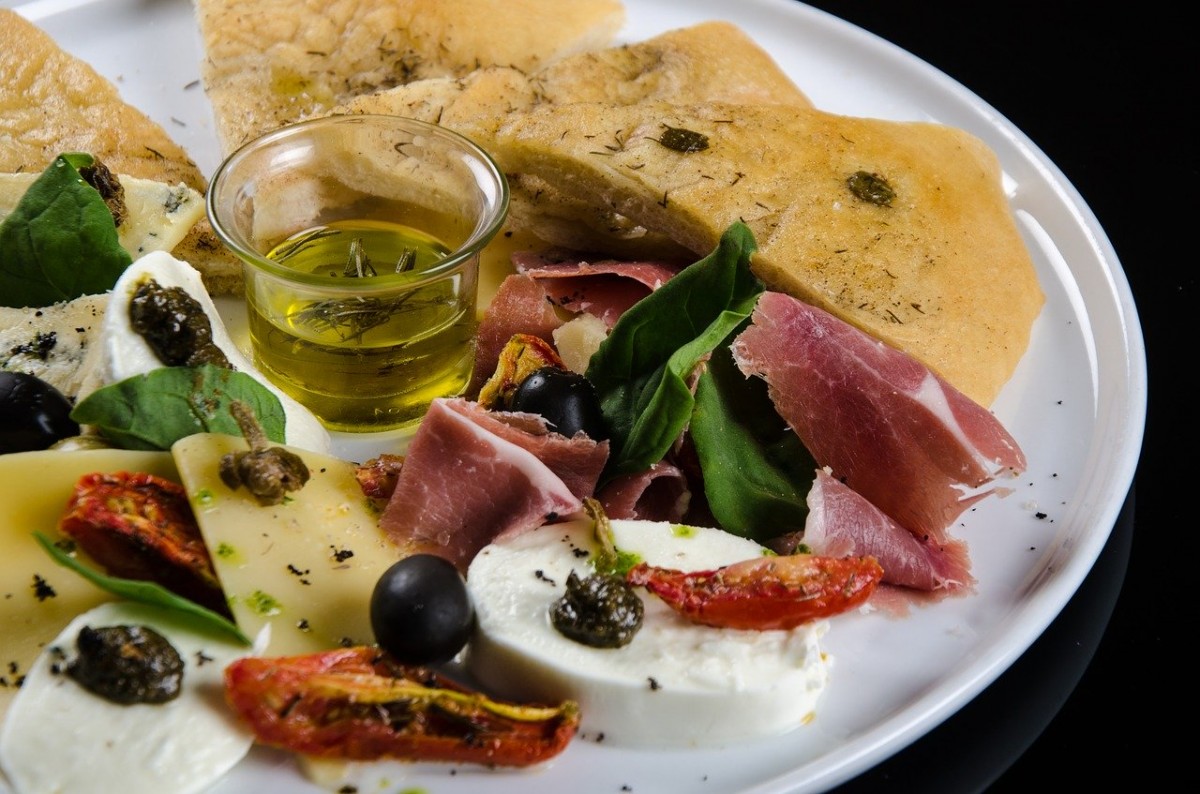 Prosciutto, cheese, olive oil plate
