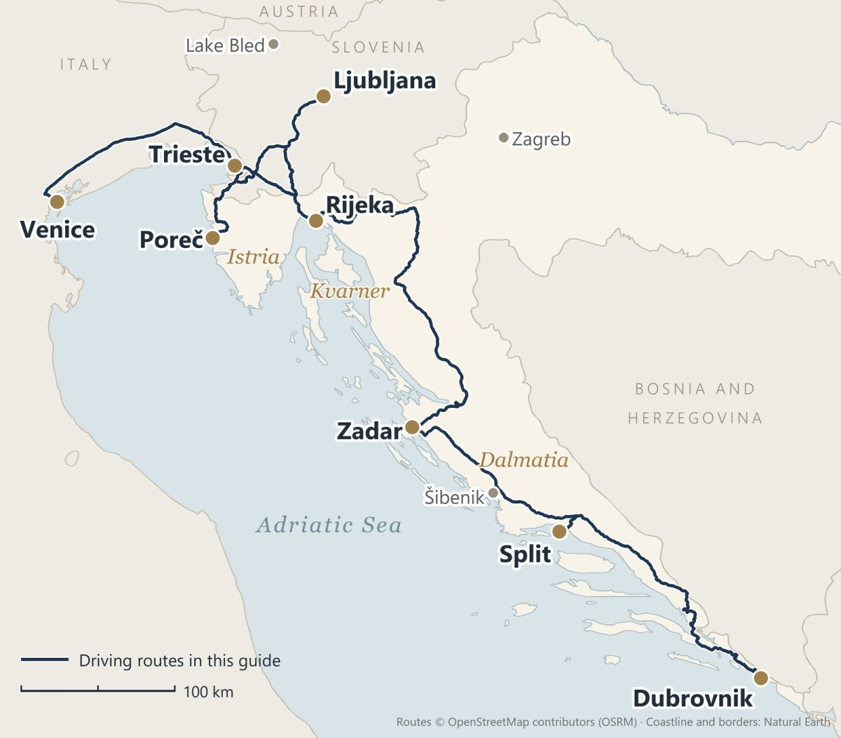 Map of the main driving routes from Venice and Ljubljana via Trieste, Istria and Kvarner to Zadar, Split and Dubrovnik